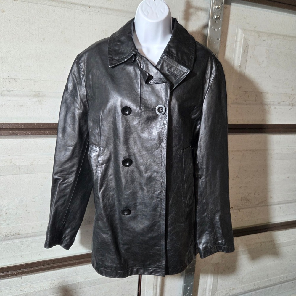 Tommy Hilfiger Mens Black‎ Leather Car Coat Jacket Vintage Y2K Size M Medium